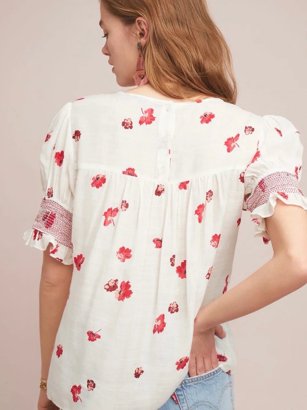 Anthropologie White Peasant Blouse with Red Floral Print